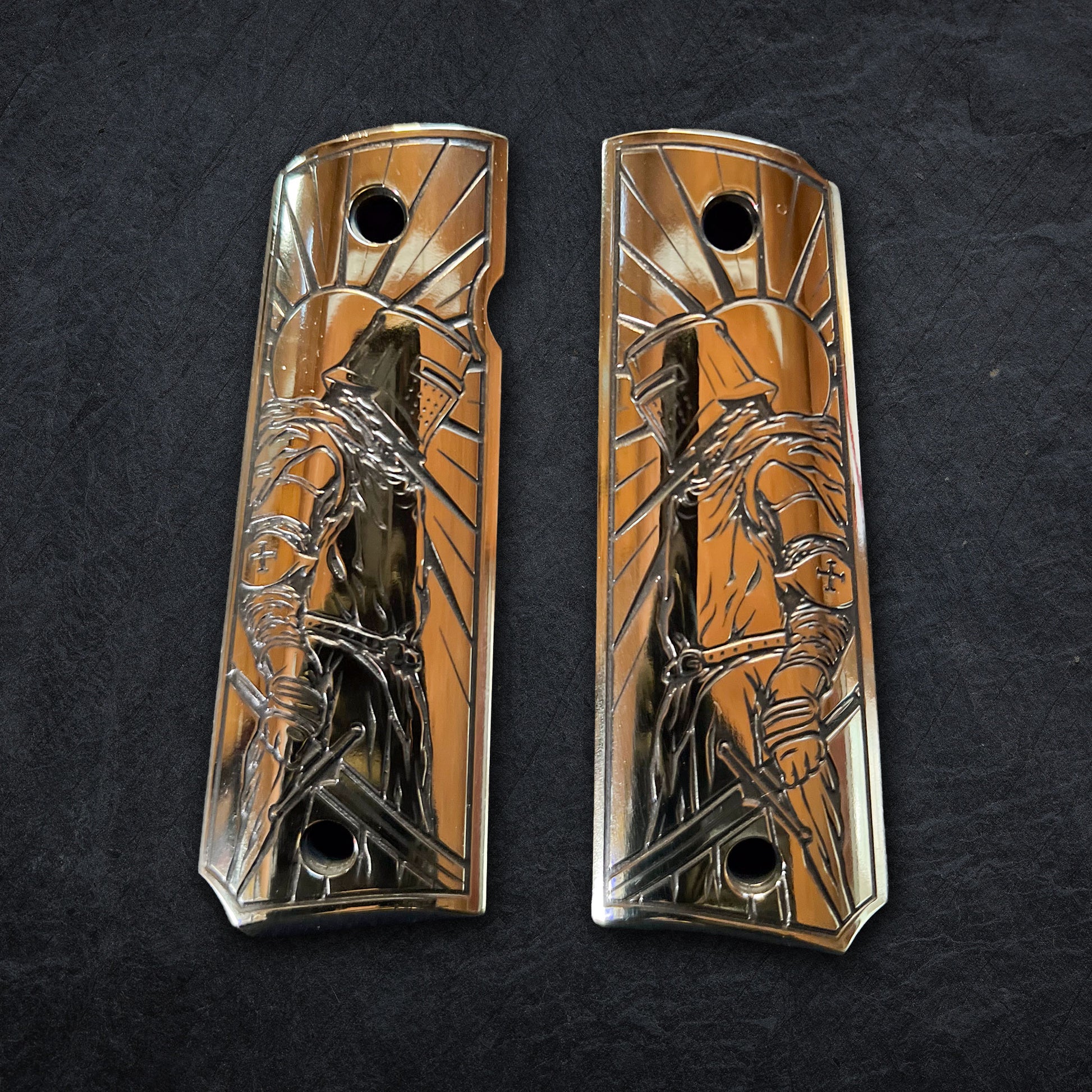 1911 Brass Engraved Grips — Crusader Series