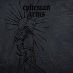 Black and white illustration of a warrior with 'ephesian arms' text on a dark background