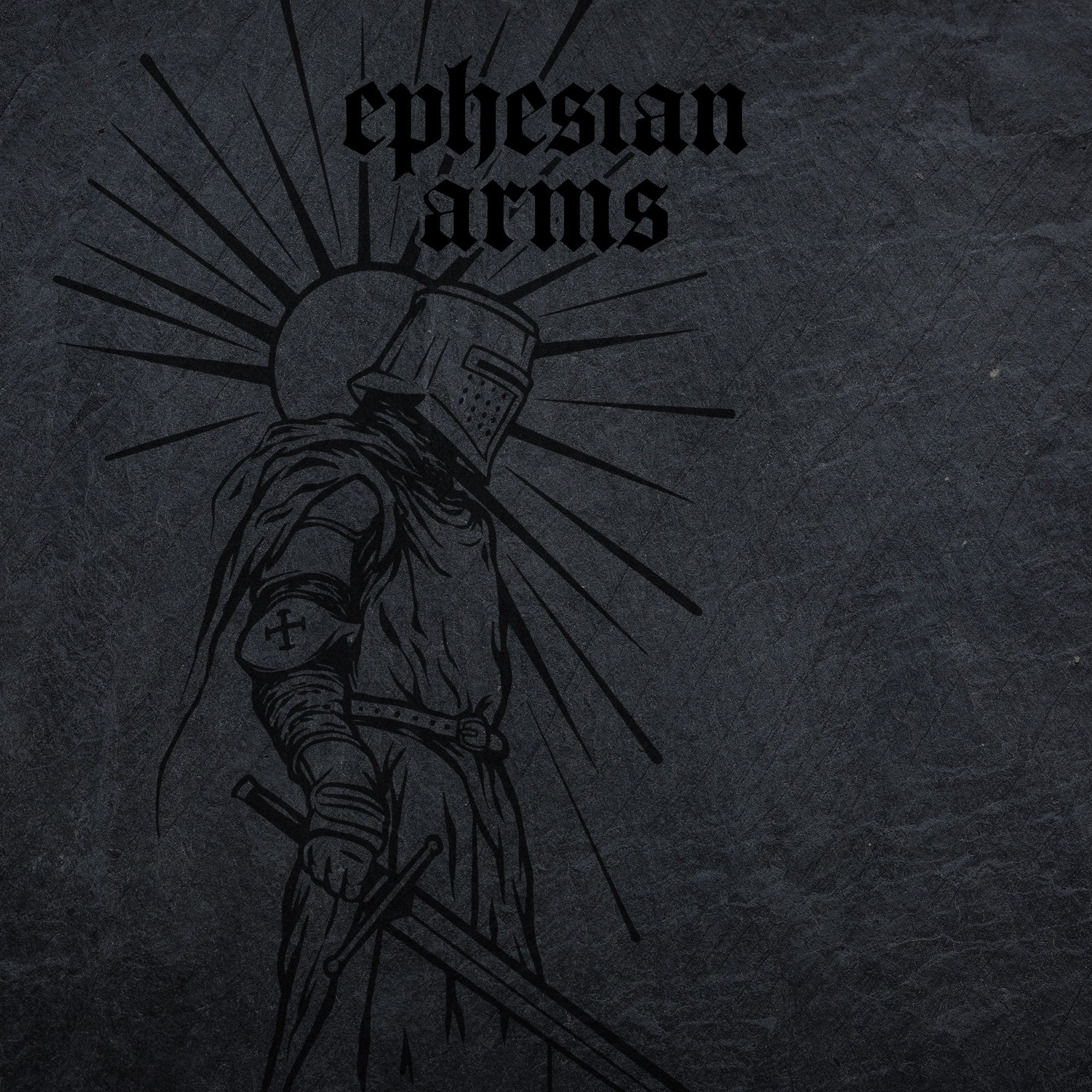 Black and white illustration of a warrior with 'ephesian arms' text on a dark background