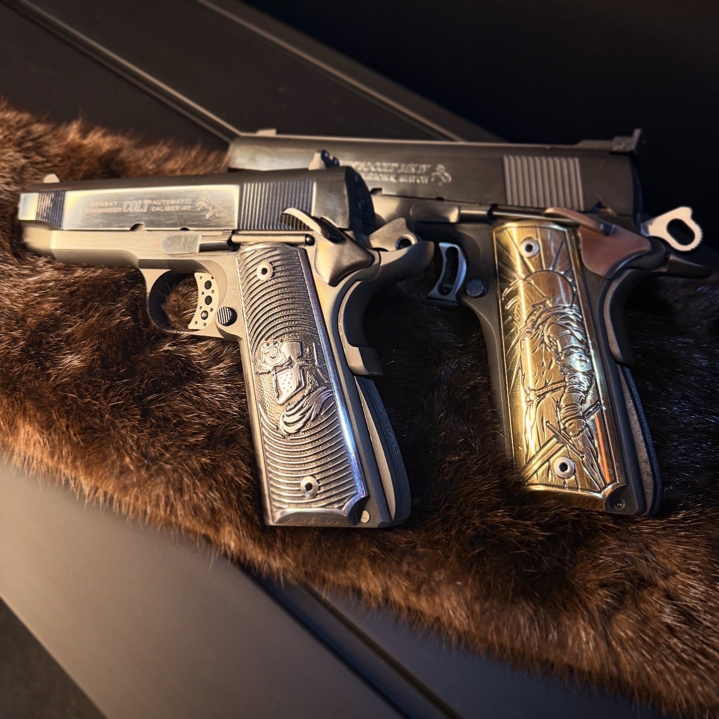 Two custom 1911 laser engraved aluminum and brass grips with a crusader design.