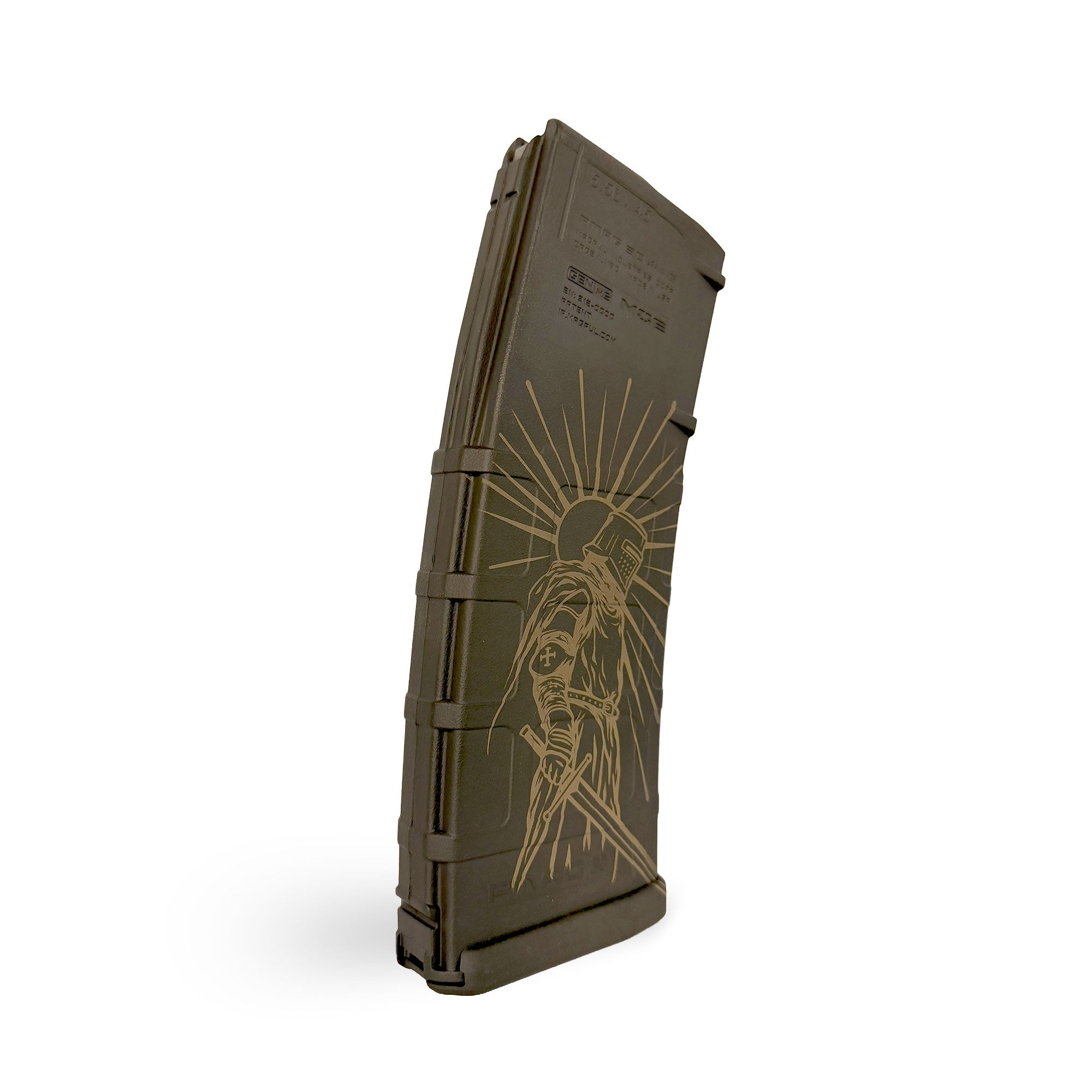 OD Cerakote MAGPUL PMAG 30 AR/M4 rifle magazine with a design on a white background