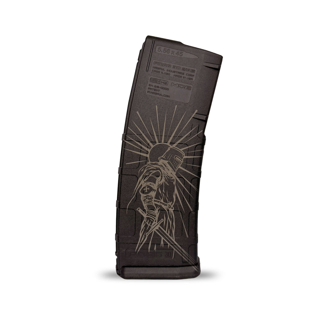 Black rifle magazine with engraved design on a white background