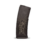 Black rifle magazine with engraved design on a white background