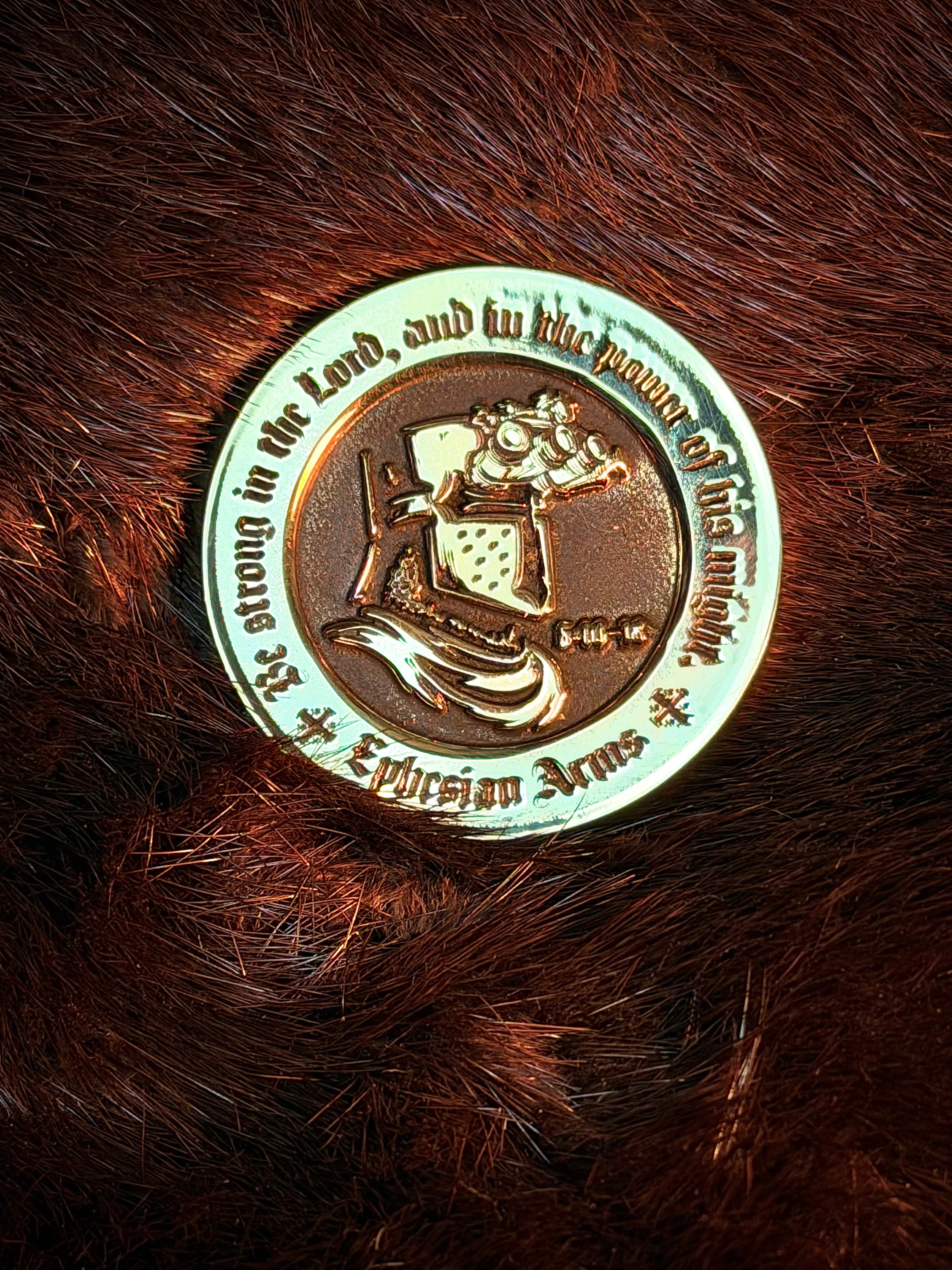 Limited edition Founders Club coin with crusader on a fur background. 