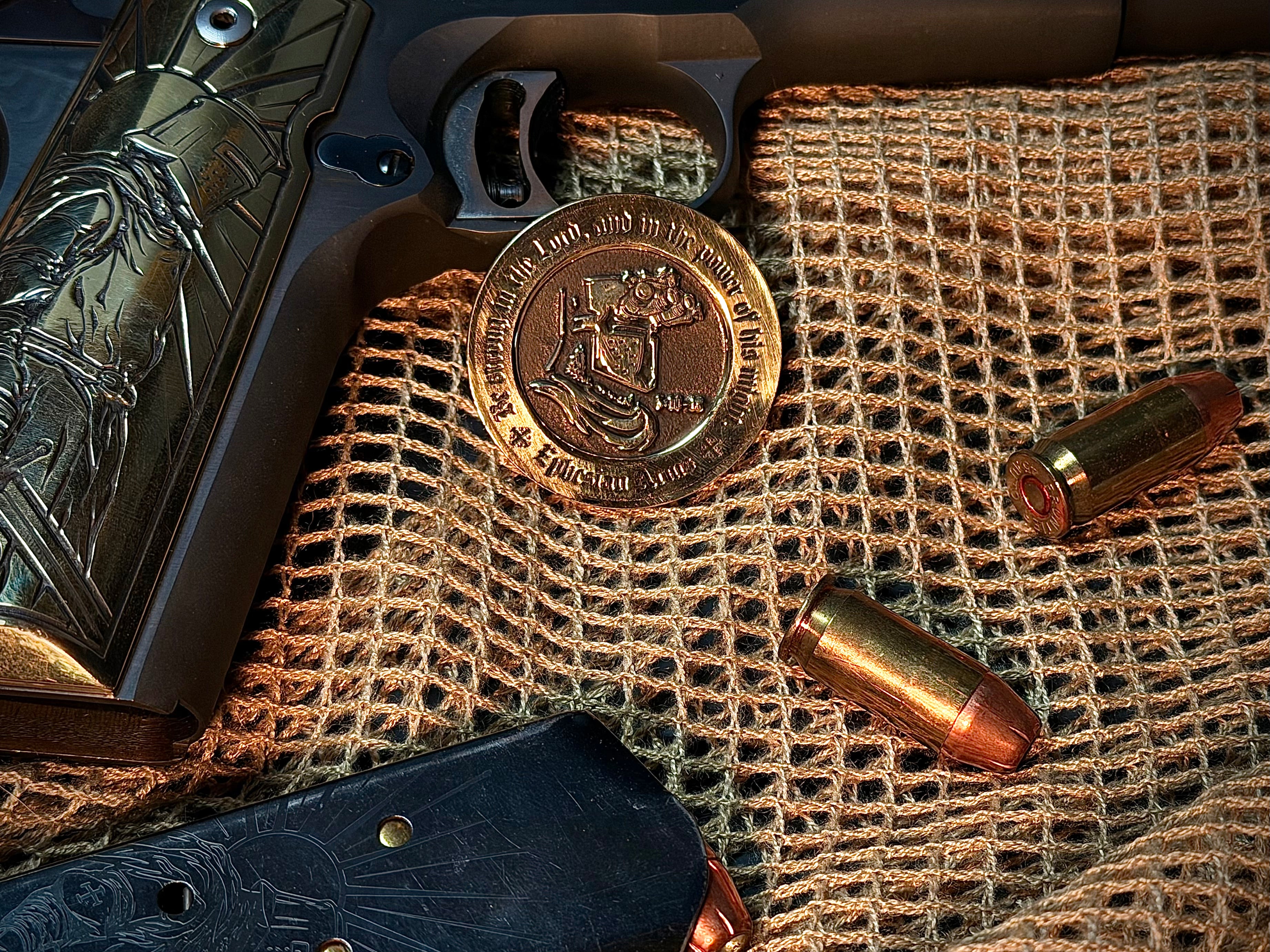 Limited edition Founders Club coin with crusader on netting background