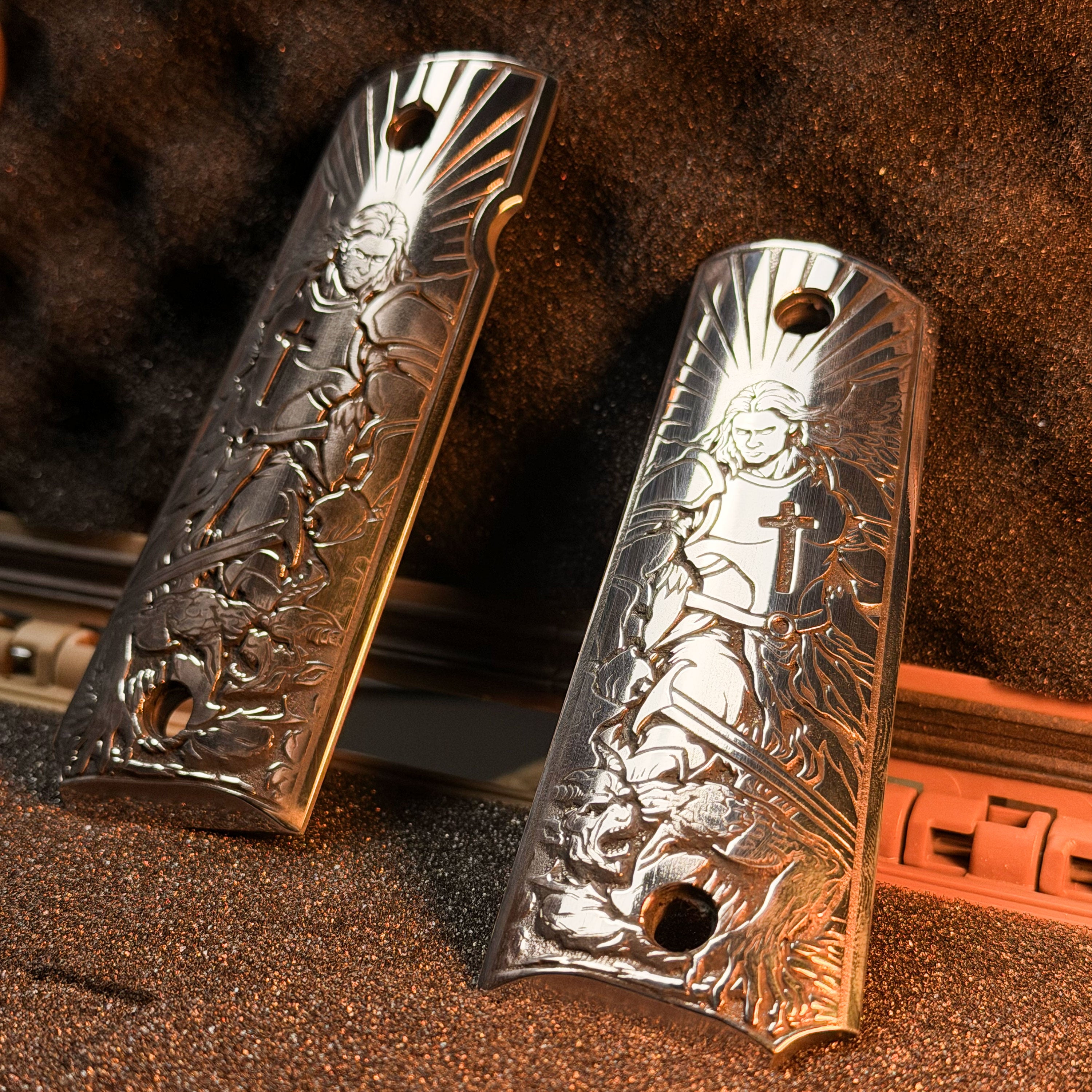1911 Aluminum Engraved Grips — Saint Michael Vanquishing Satan