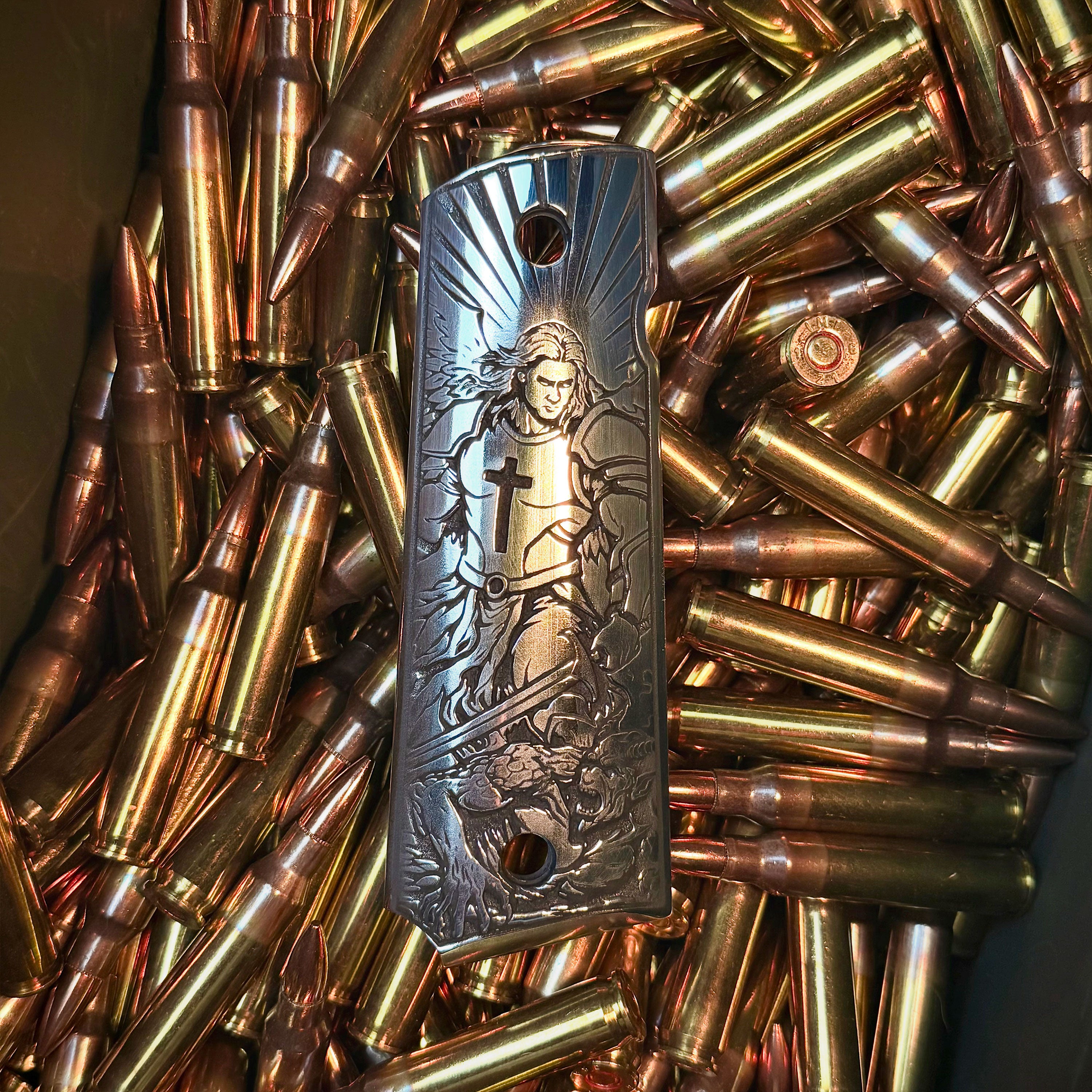 1911 Aluminum Engraved Grips — Saint Michael Vanquishing Satan