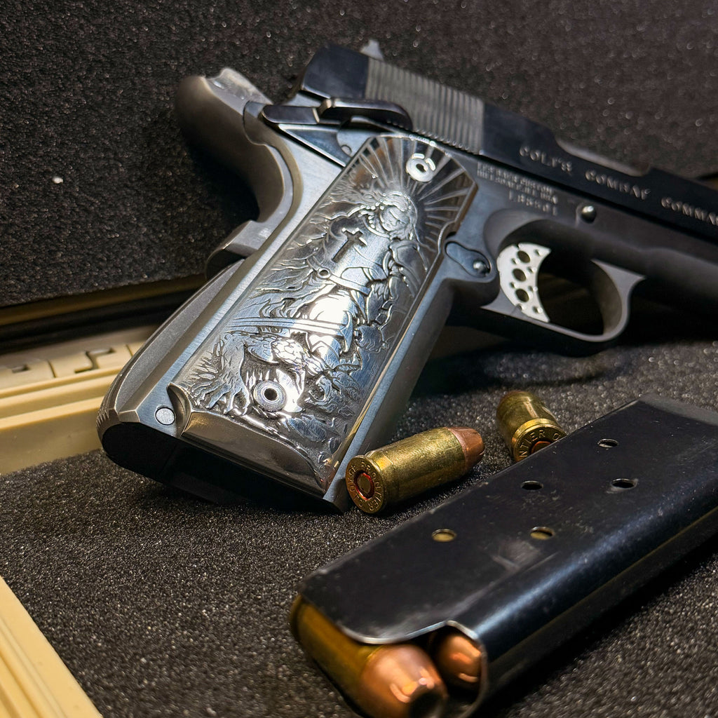 1911 Aluminum Engraved Grips — Saint Michael Vanquishing Satan
