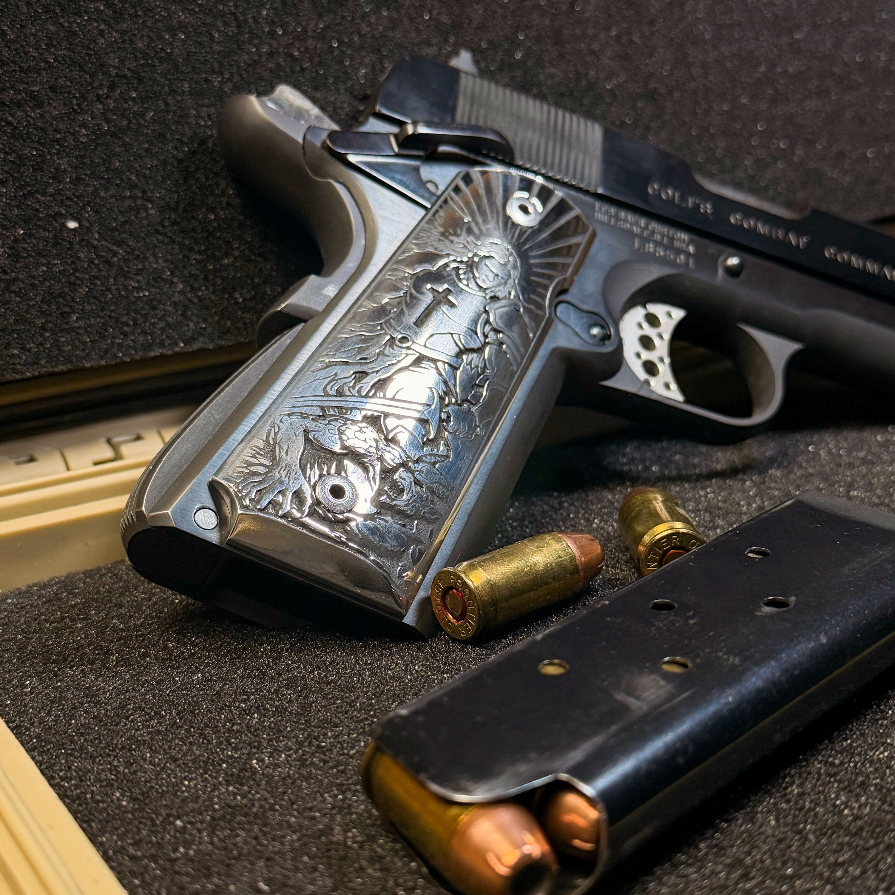 1911 Aluminum Engraved Grips — Saint Michael Vanquishing Satan