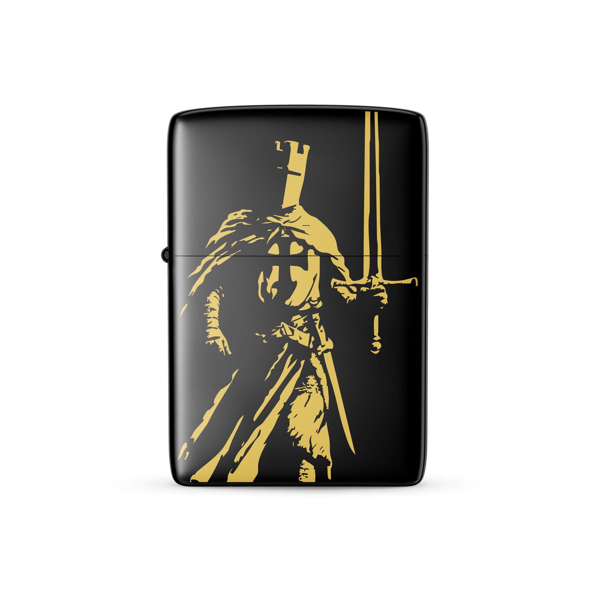 Black lighter with gold warrior design on a white background