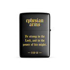 Black lighter with gold text 'ephesian arms' and Bible verse on a white background