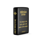 Black zippo lighter with gold text and design on a white background