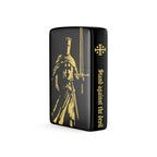 Black zippo lighter with gold design and text on a white background