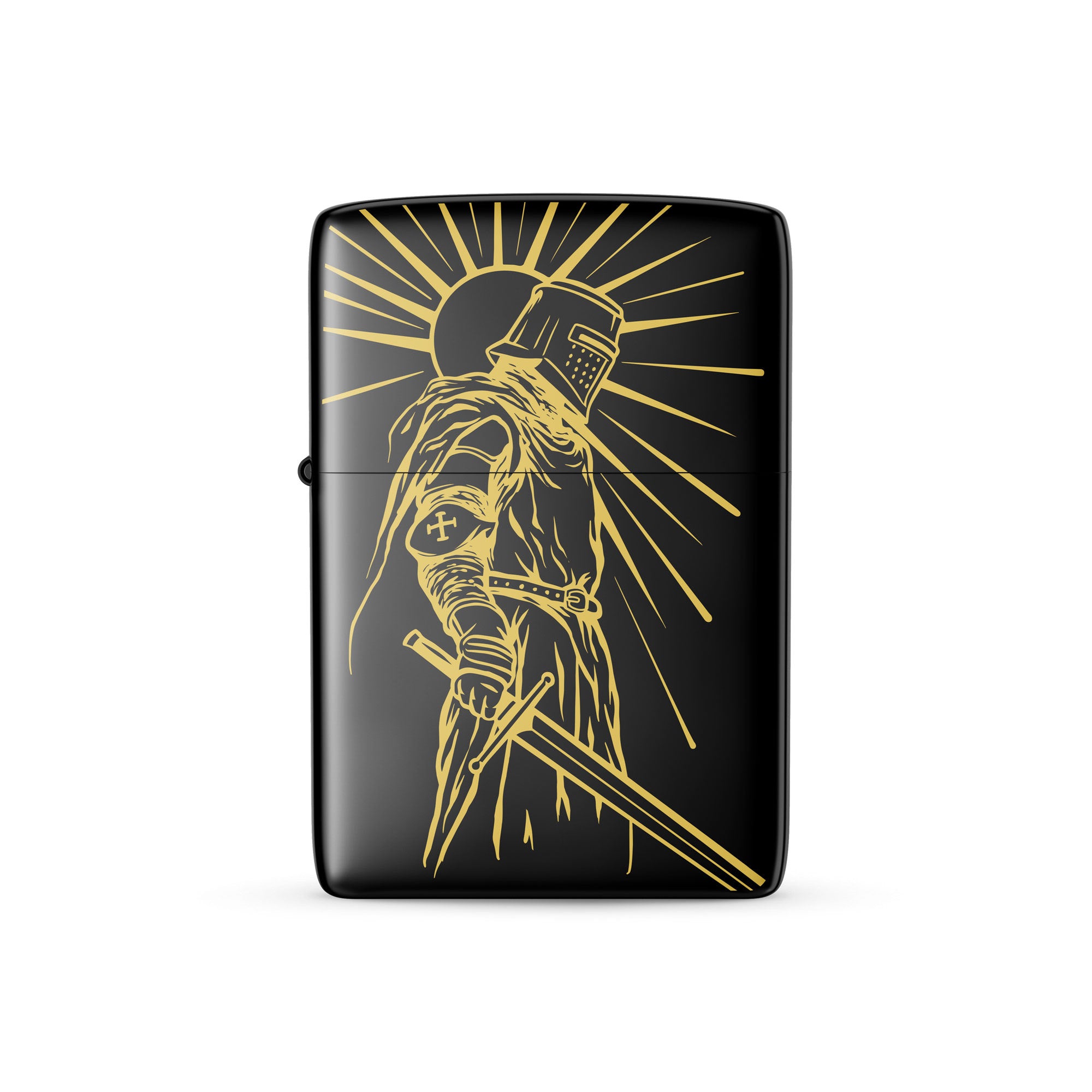 Black lighter with gold illustration of a character on a white background