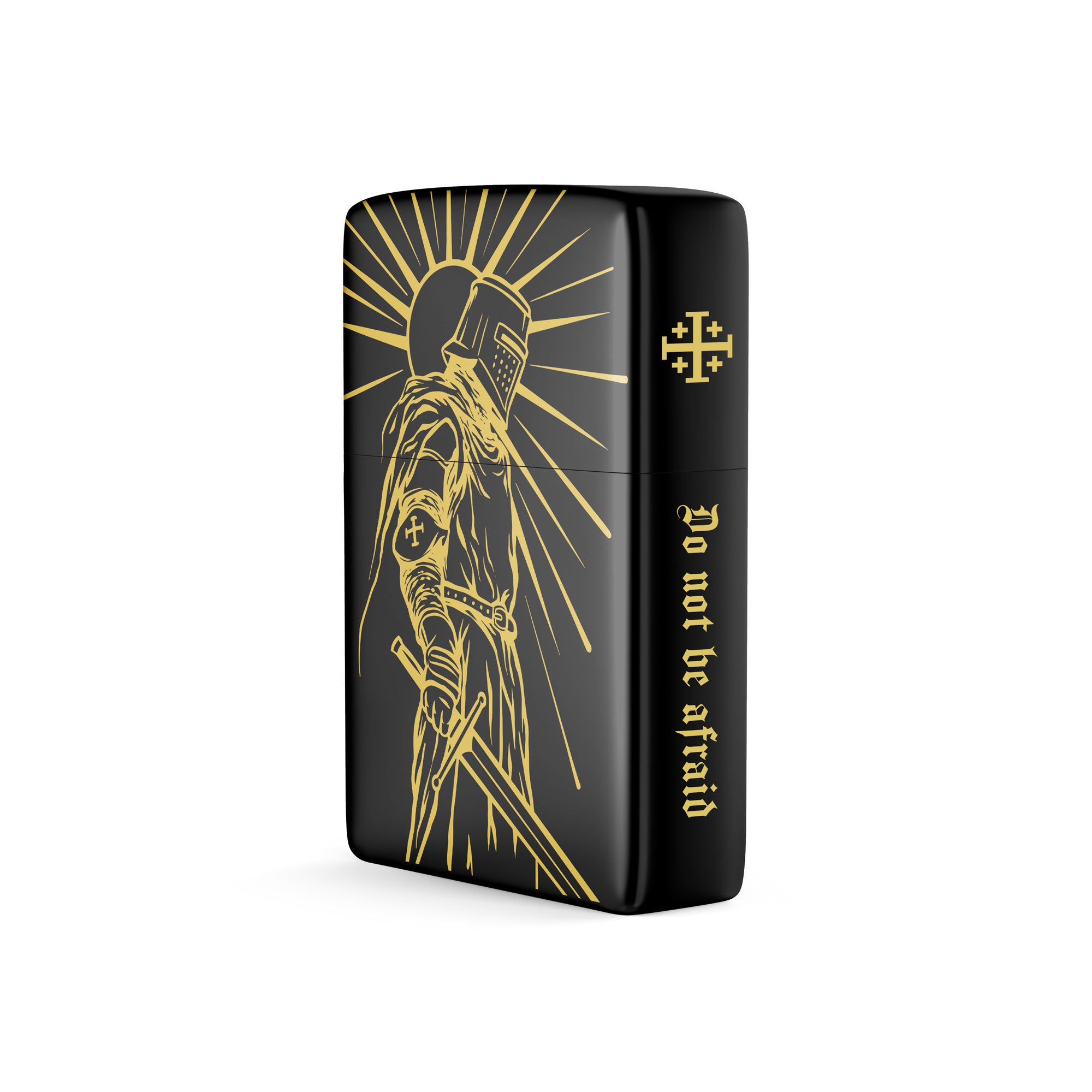 Black lighter with gold design and 'Do not be afraid' text on a white background
