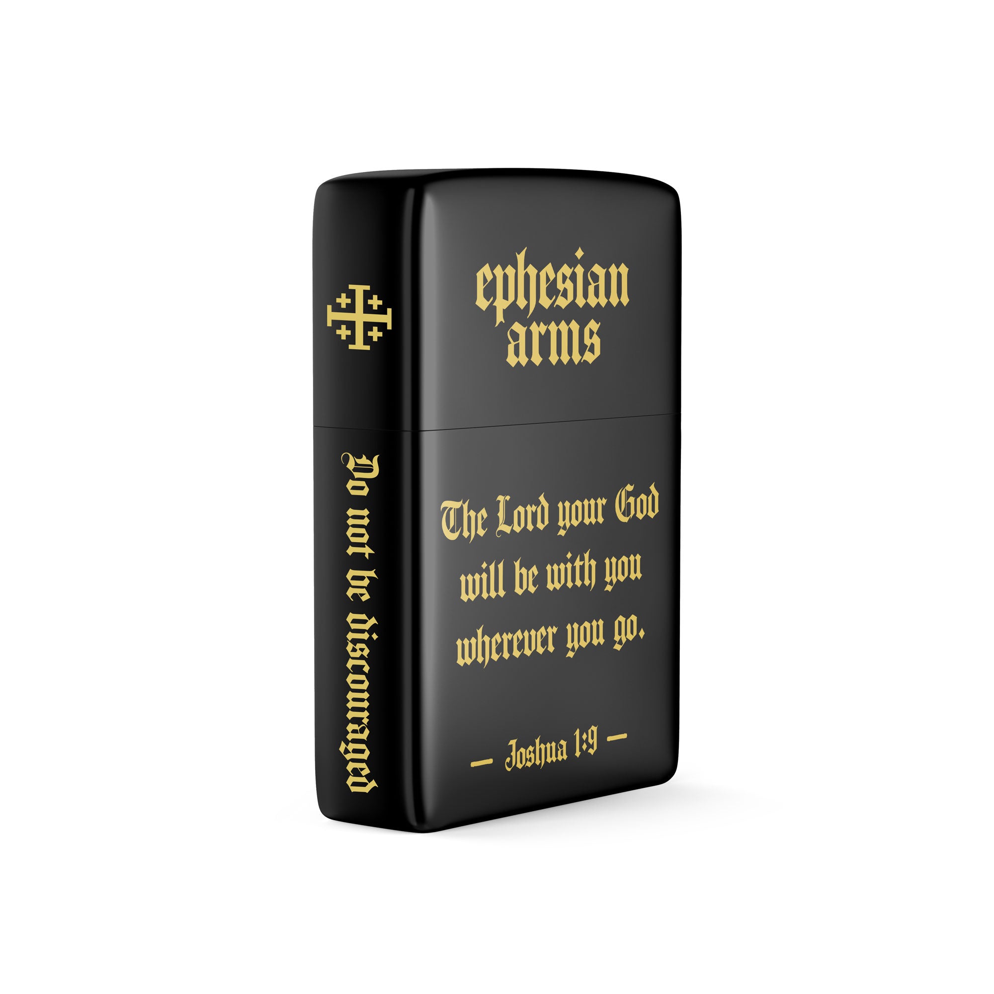 Black zippo lighter with gold text and design on a white background