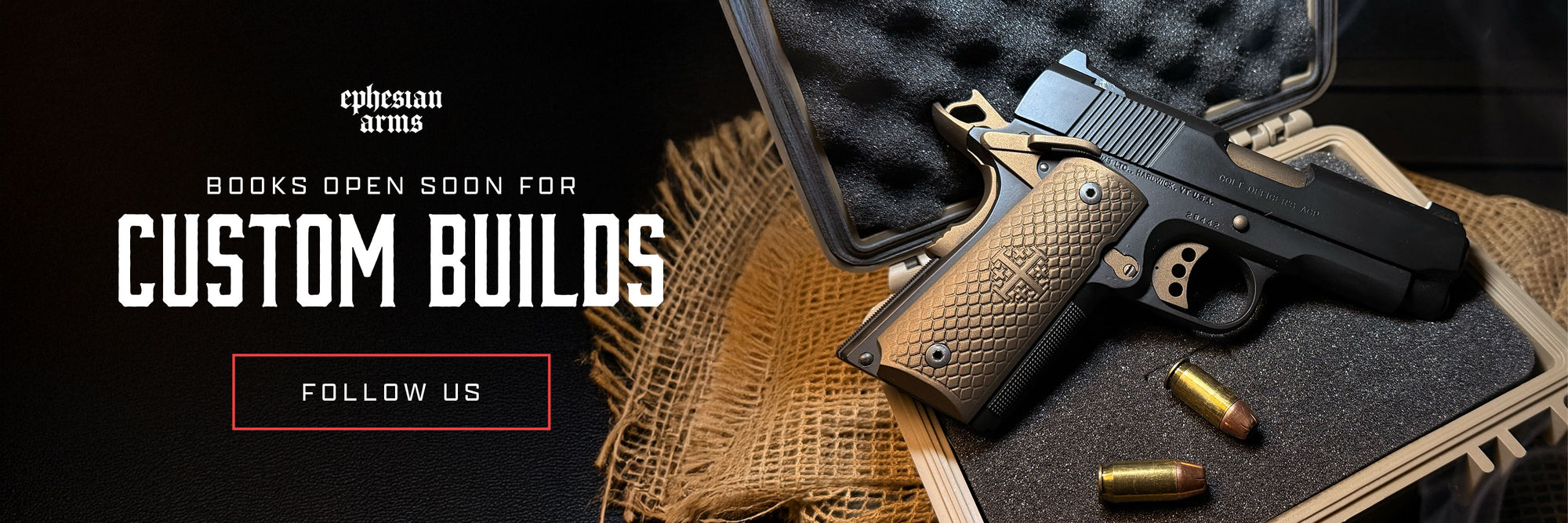 Custom 1911 pistol with burnt bronze and armored black Cerakote