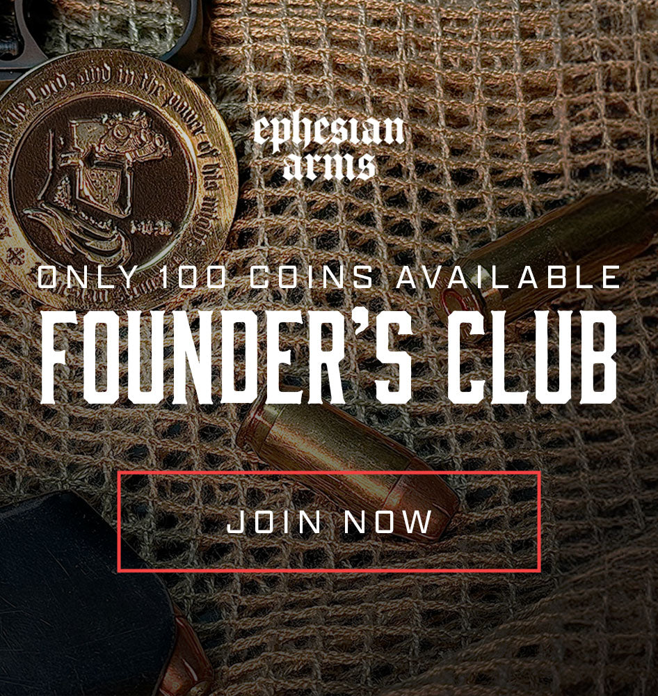 Promotional image for Ephesian Arms Founder's Club with coins and text on a textured background