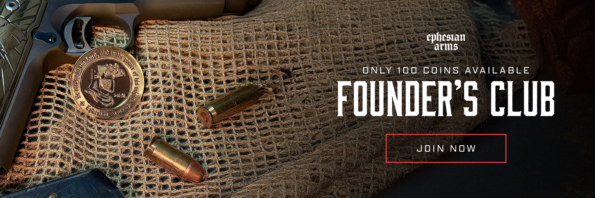 Promotional banner for 'Founder's Club' with coins, bullets, and a gun on a textured surface.