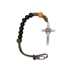 Bracelet with black beads, a silver crucifix, and a carabiner on a white background