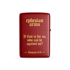 Red lighter with gold text on a white background