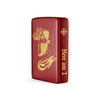Red lighter with gold designs and text on a white background
