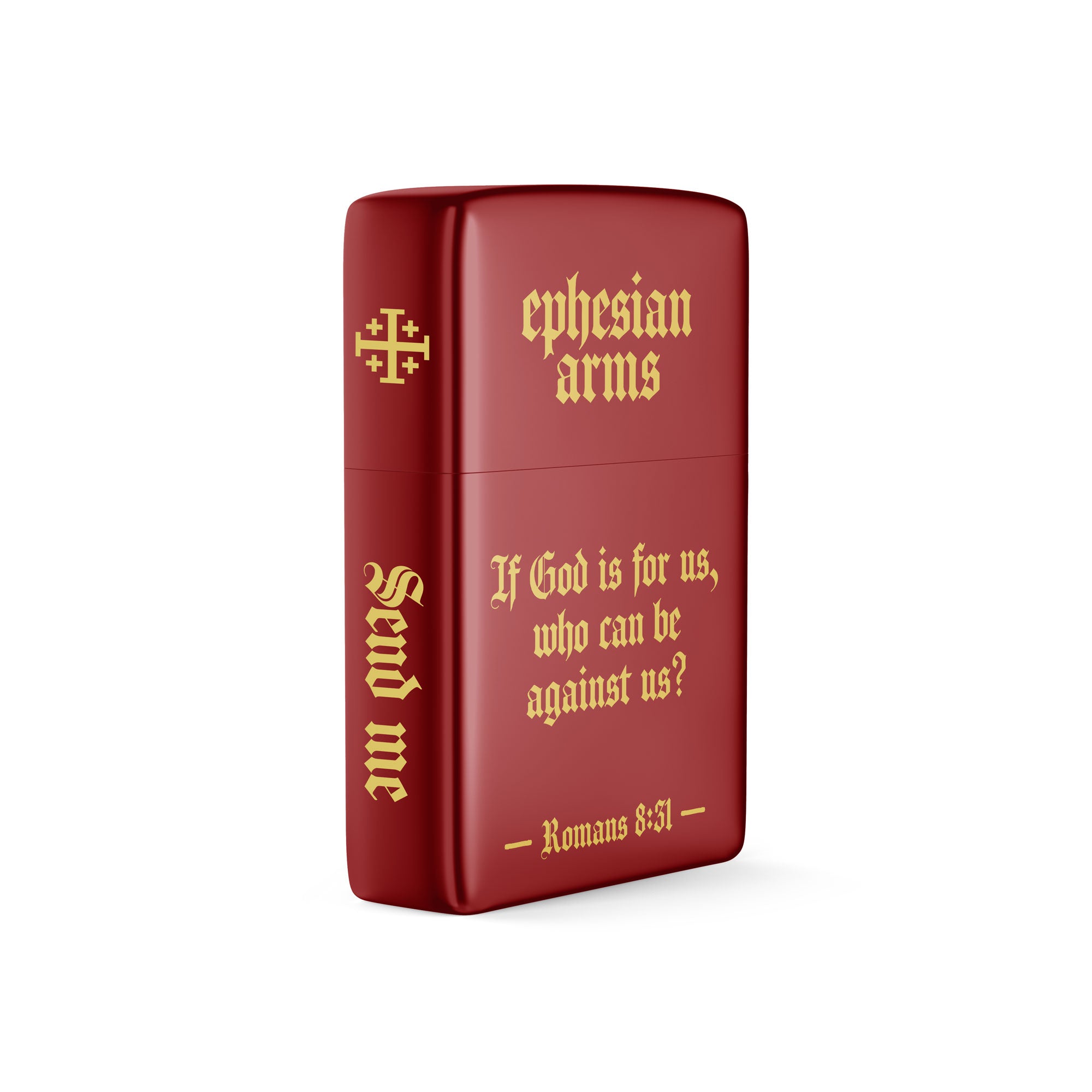 Red zippo lighter with gold text and design on a white background