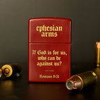 Red lighter with 'ephesian arms' branding and religious text, surrounded by bullets on a dark background.